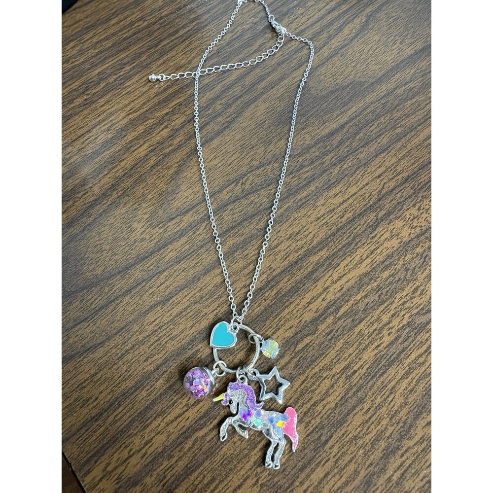 Unicorn Charm Necklace Silver Tone Glitter Heart Star Crystal Pendant Kids J1
